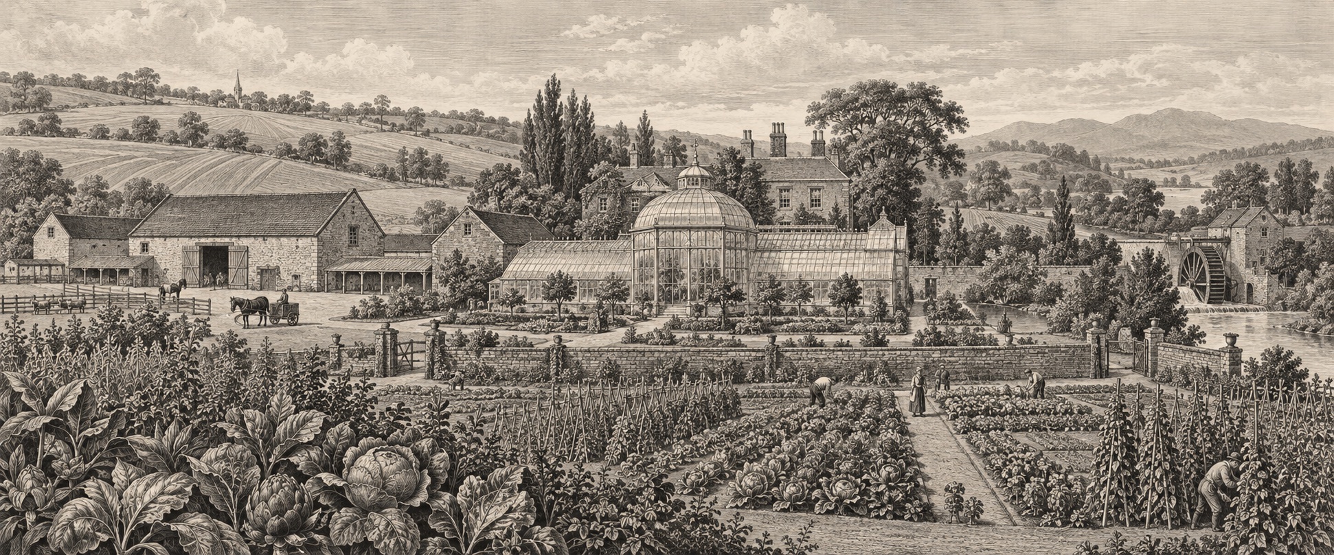 A Victorian engraving of a working farm, glasshouse, market garden, and waterwheel.
